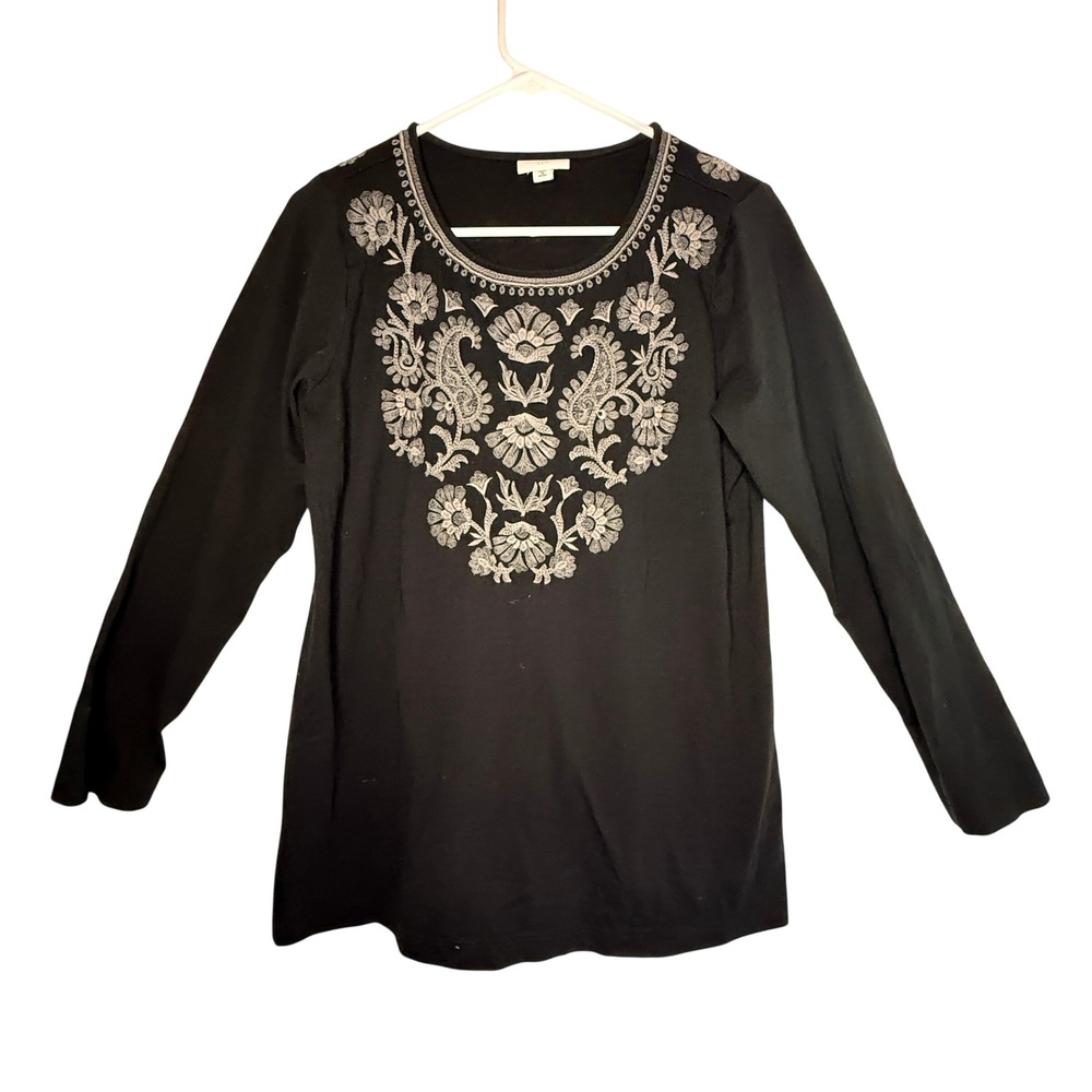 J. Jill Petite M Black Embroidered Floral Boho Long Sleeve Cotton Modal Top